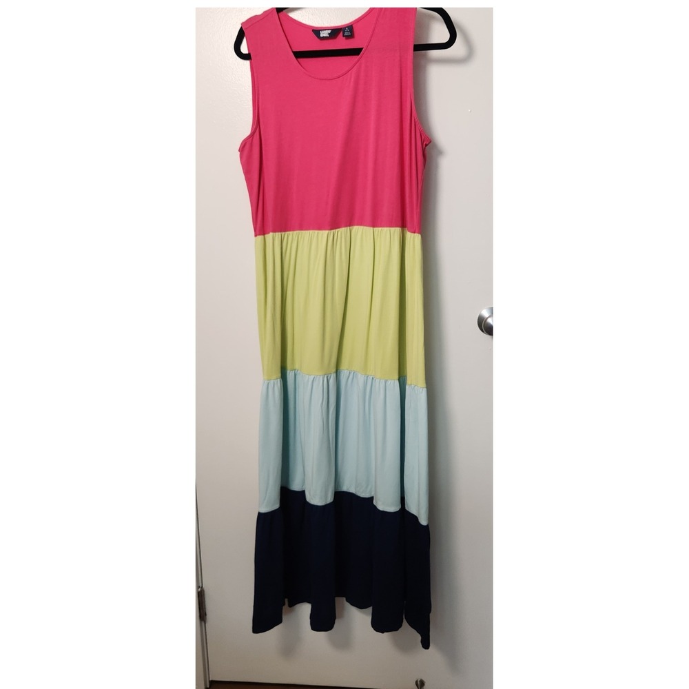 Lands' End Women's Sleeveless Maxi Dress Large Color Block Tiered Pink Blue